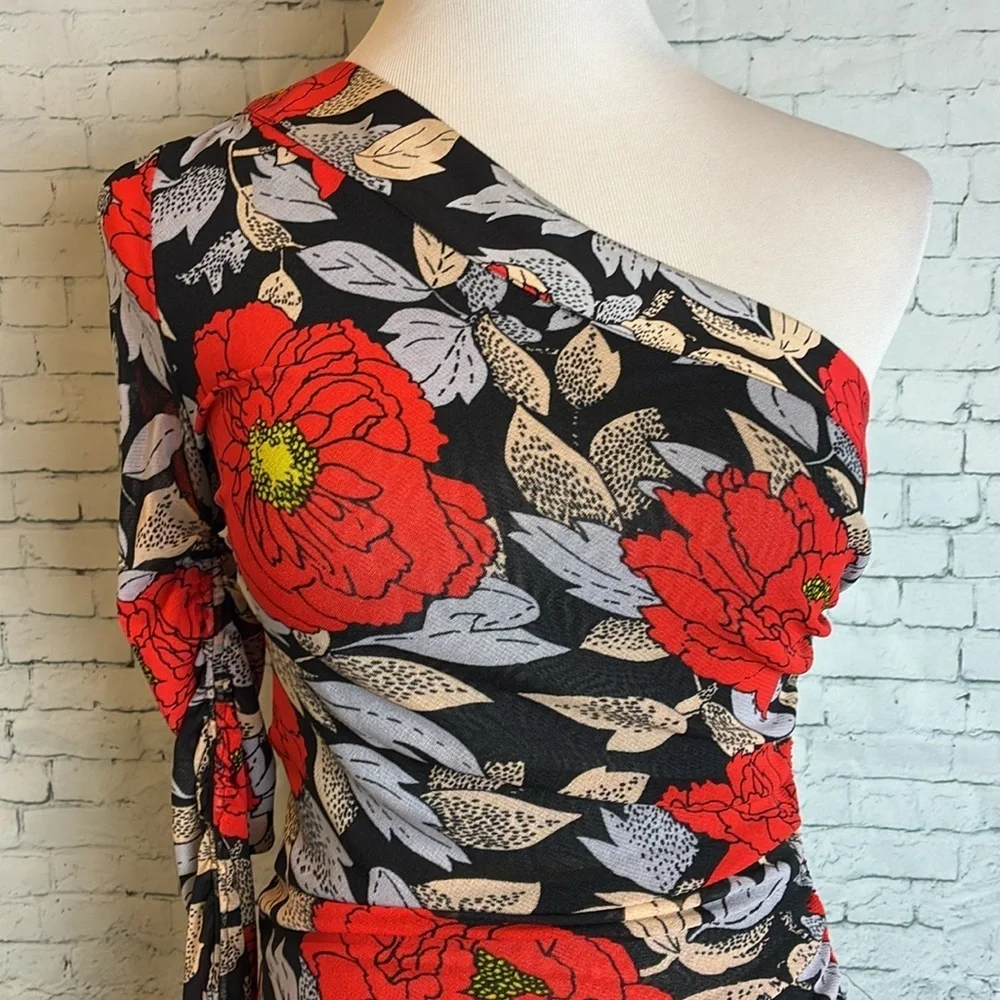 Diane Von Furstenburg Ruched One Sleeve Floral Mesh Dress Boswell Black 6 Sexy - Picture 4 of 16
